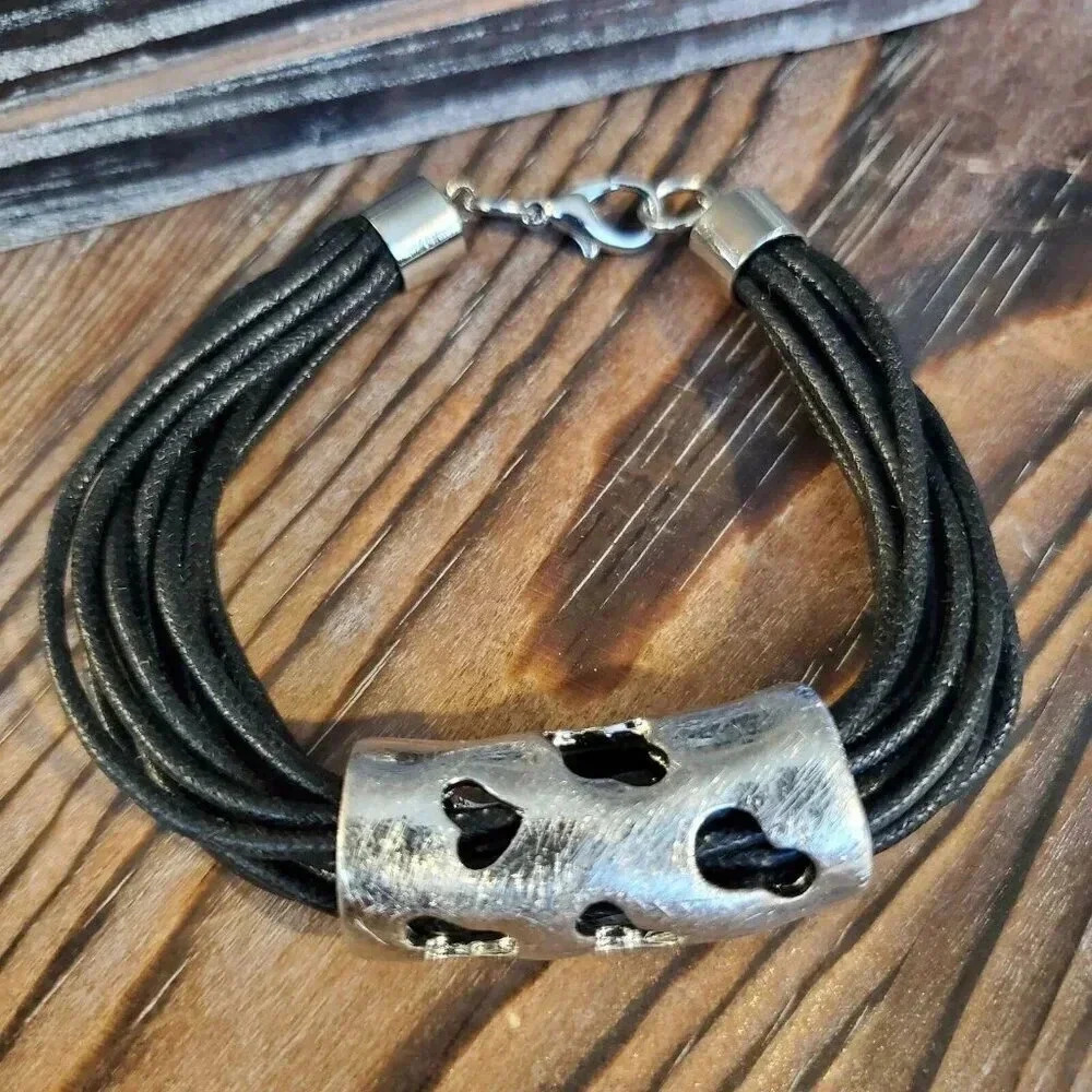 Modern Art Designer Statement Bracelet Silver Cutout Pendant on Black Cotton